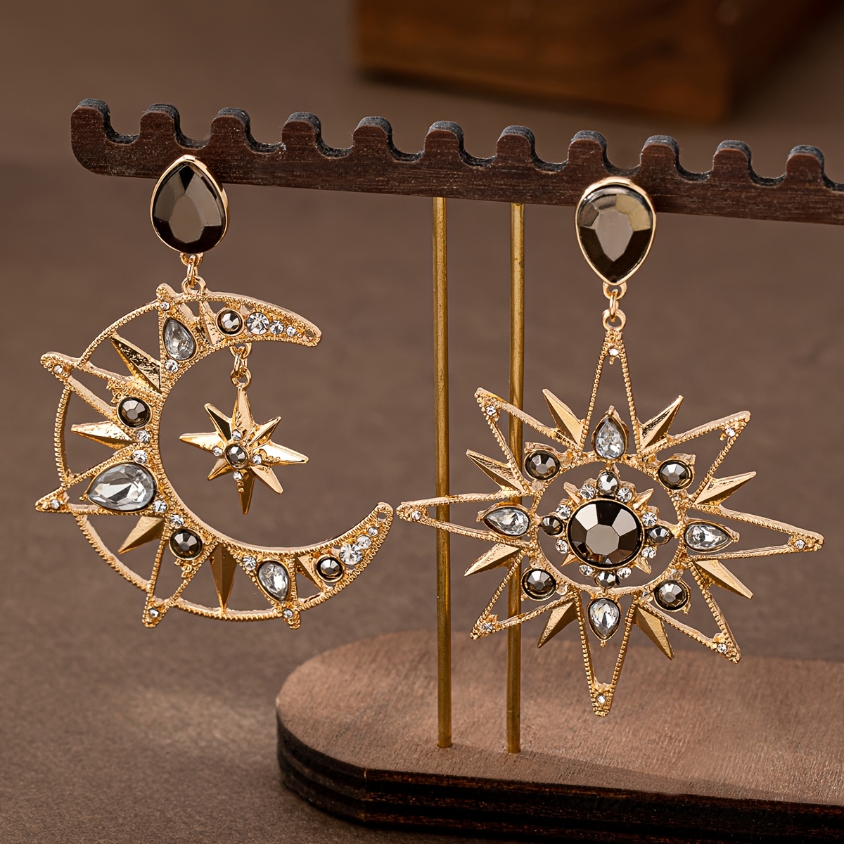 Boho Sun & Moon Dangle Earrings with Rhinestones Golden Tone